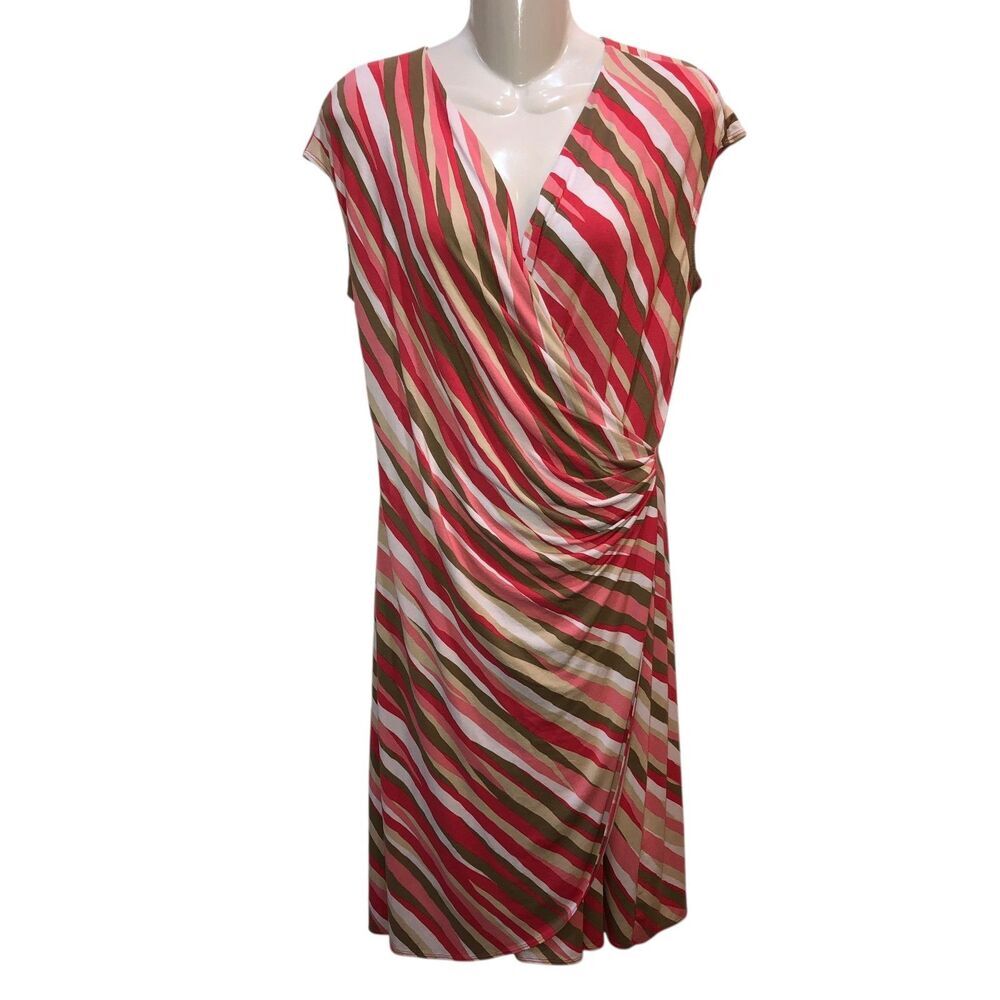 New Tommy Bahama Womens Medium Pink Striped Faux Wrap V Neck Draped Dress M
